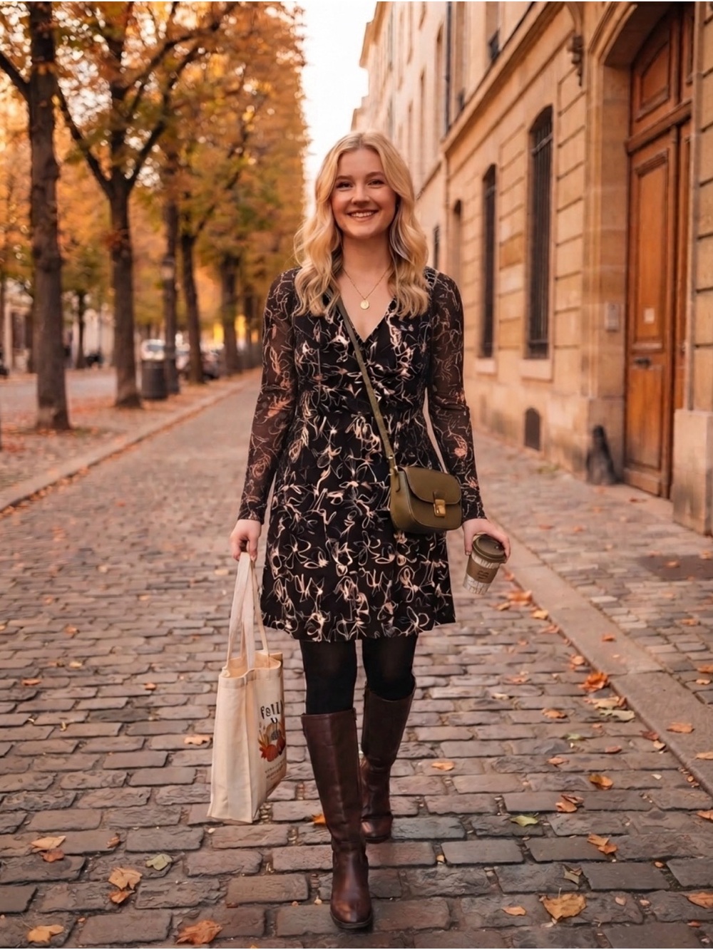 Nine West Black Floral Long-Sleeve V‑Neck Dress